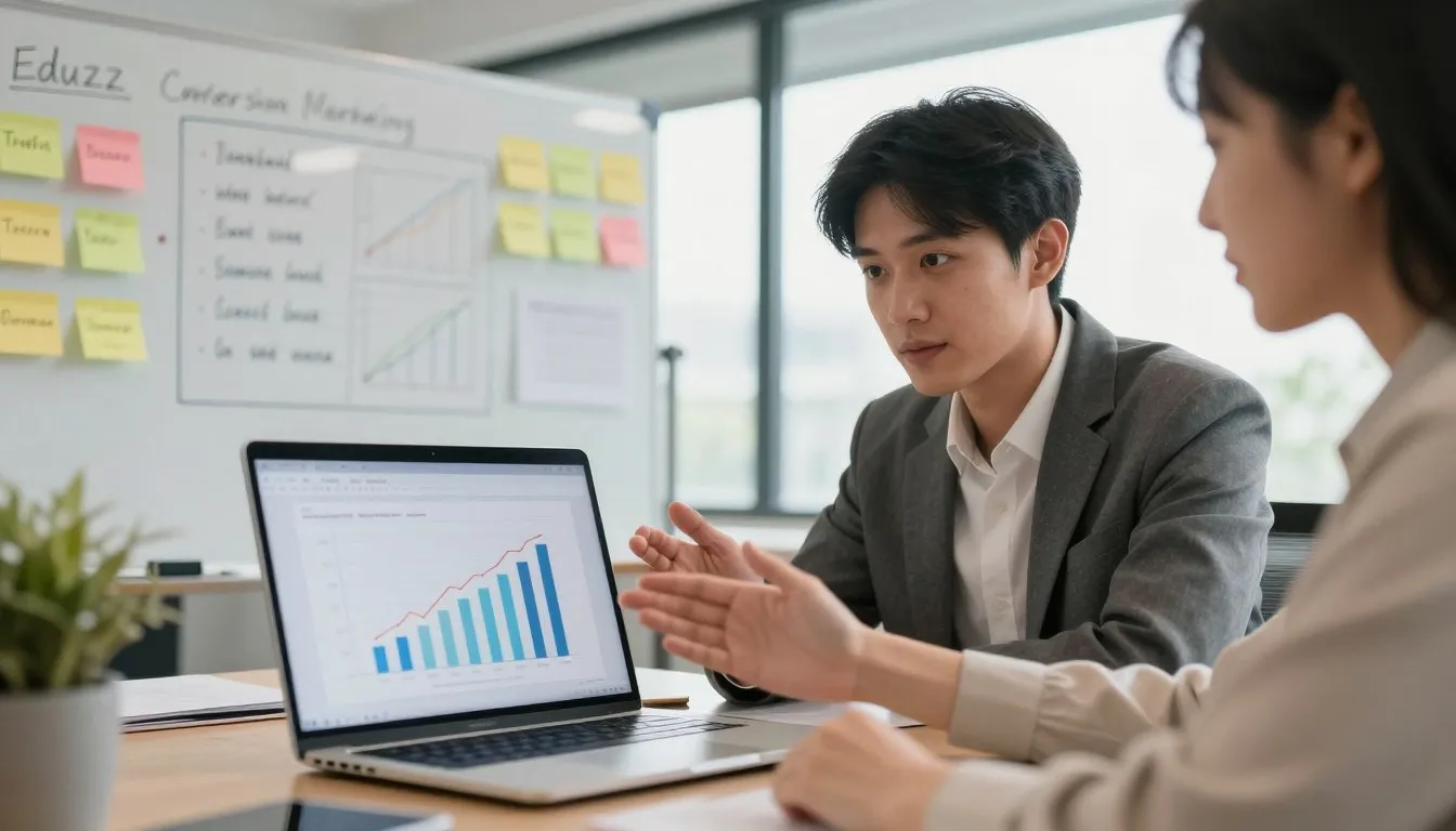Equipe analisando m&eacute;tricas e convers&otilde;es no Eduzz Afiliado em notebook