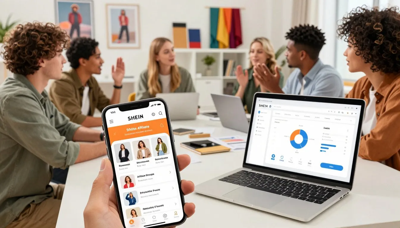 Equipe analisando m&eacute;tricas e resultados de afiliado shein em notebook e celular