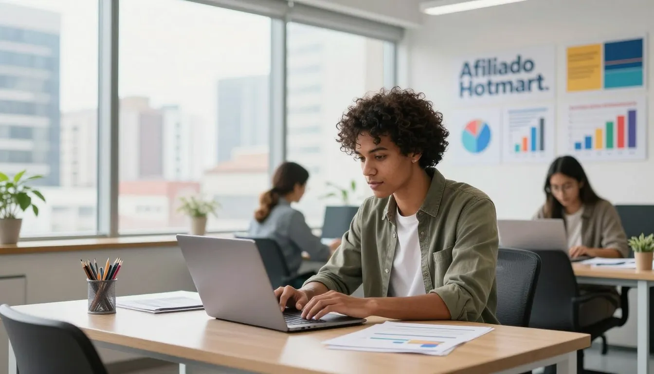 Afiliado Hotmart trabalhando no notebook para gerar vendas e resultados online