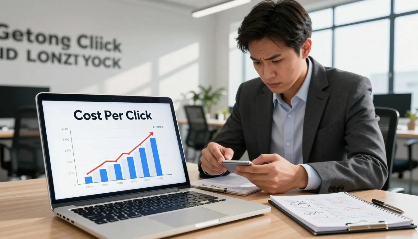 Pessoa analisando CPC alto no tr&aacute;fego pago Google Ads em notebook com gr&aacute;fico de custo por clique