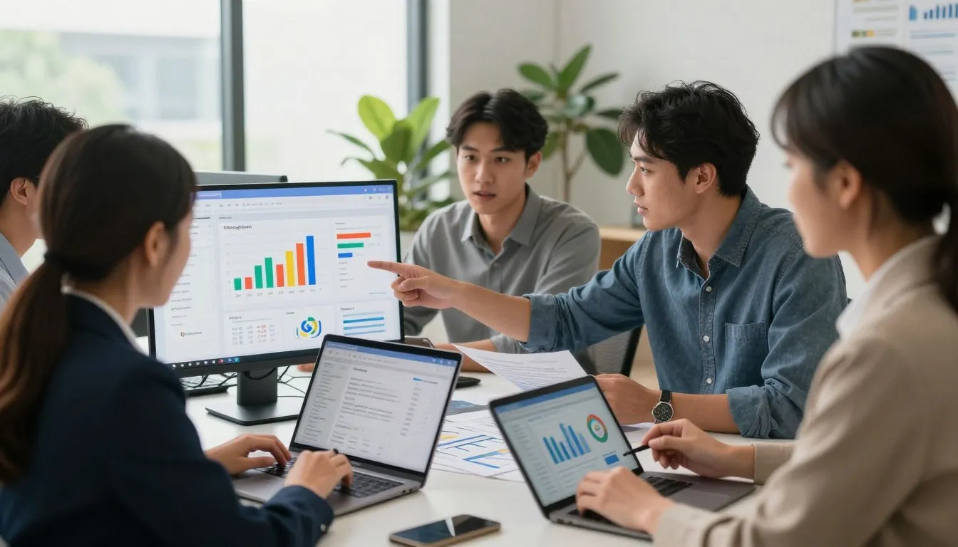 Equipe analisando m&eacute;tricas e campanhas de tr&aacute;fego pago Google Ads em reuni&atilde;o
