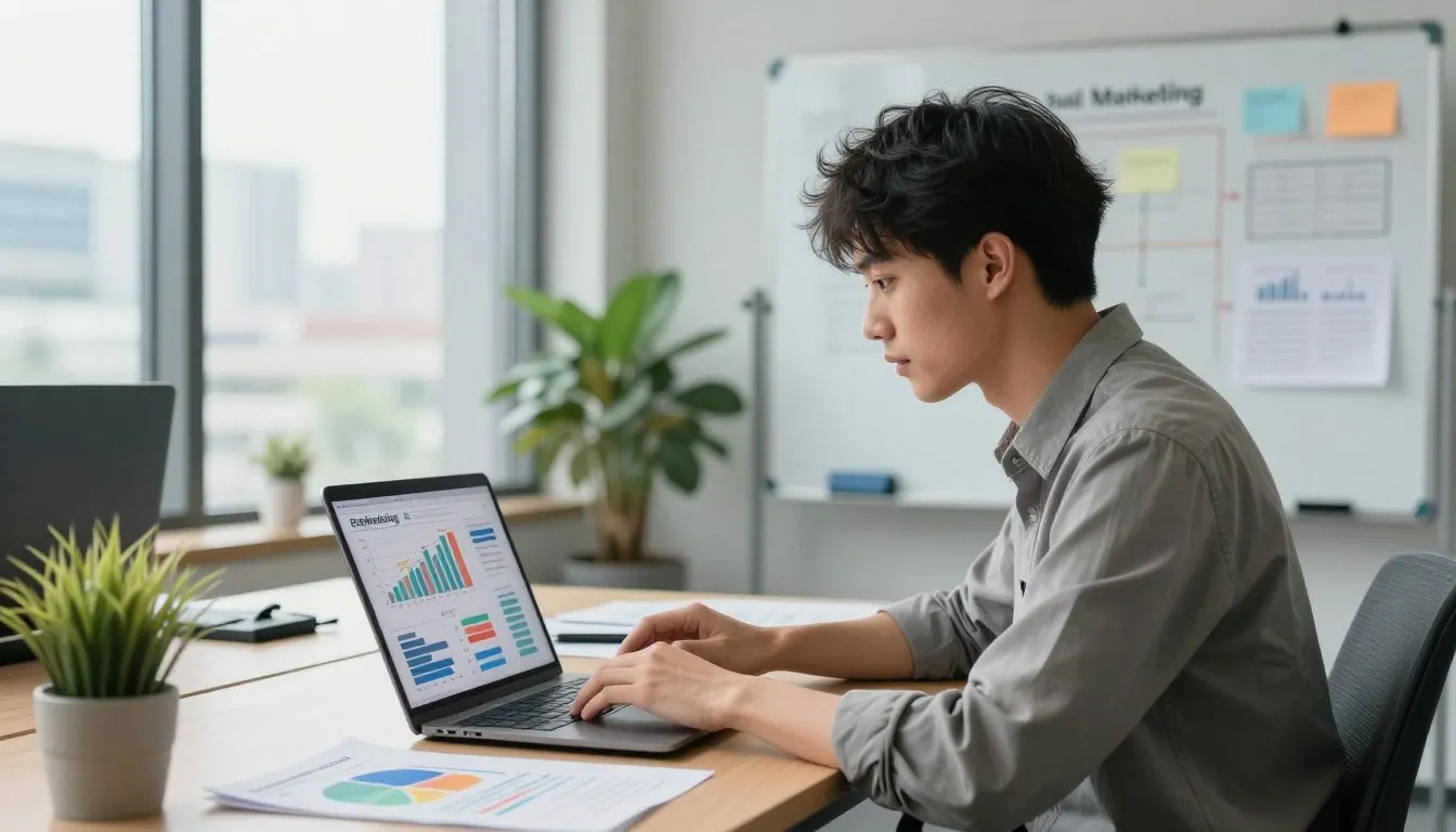 Jovem aprendendo tr&aacute;fego pago para iniciantes enquanto analisa gr&aacute;ficos no notebook.