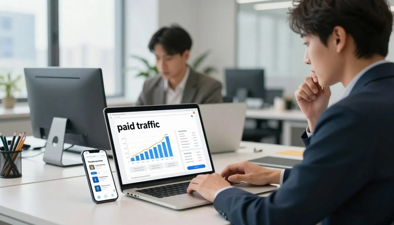 Homem monitorando campanha de tr&aacute;fego pago para iniciantes em escrit&oacute;rio moderno.