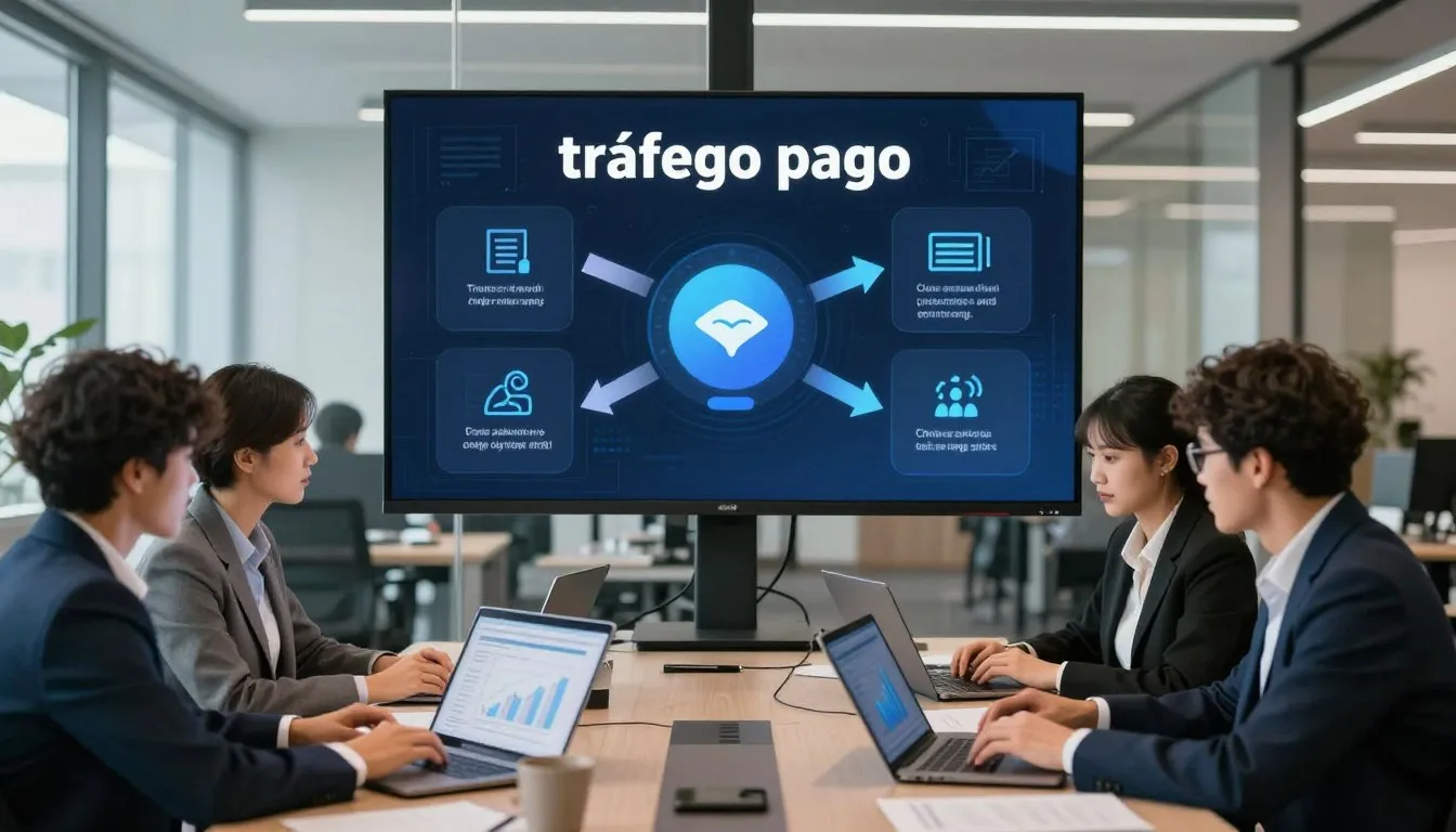 Equipe analisando estratégias de tráfego pago em apresentação corporativa.