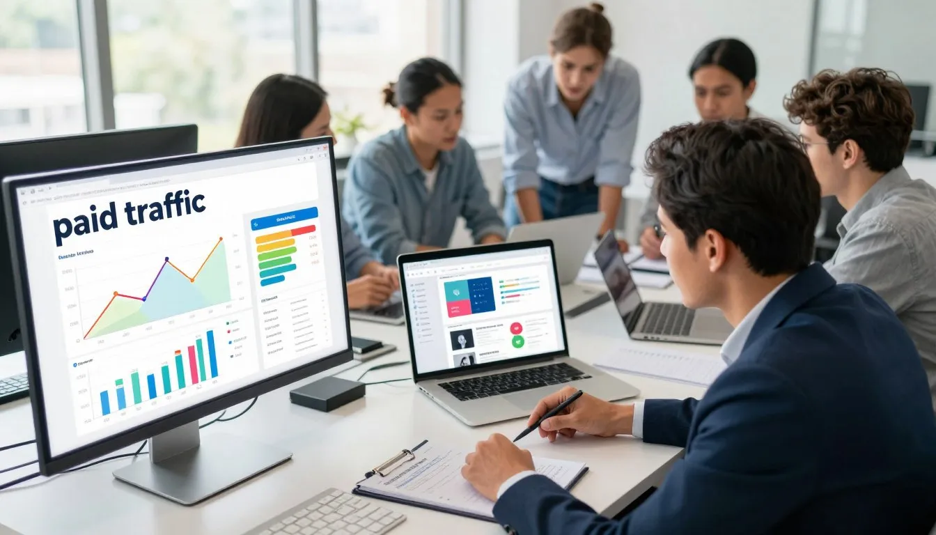 Equipe monitorando métricas e gráficos de tráfego pago em escritório moderno.