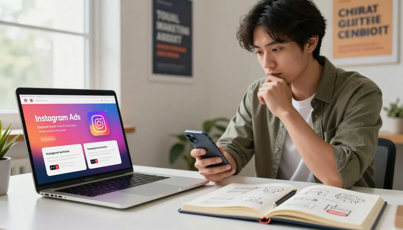 Jovem estudando estratégias de tráfego pago para Instagram Ads no notebook e celular.