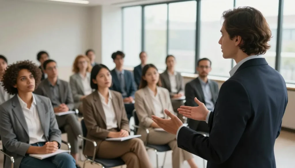 O que é linguagem persuasiva: palestrante ensinando técnicas de comunicação para uma plateia durante uma apresentação.