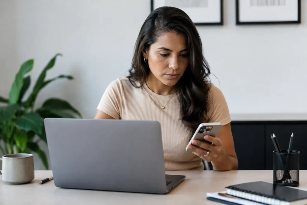 Profissional comparando plataformas de tráfego pago para advogados utilizando notebook e smartphone.