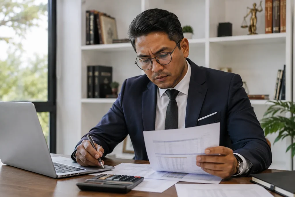 Advogado calculando o orçamento necessário para investir em tráfego pago para advogados.
