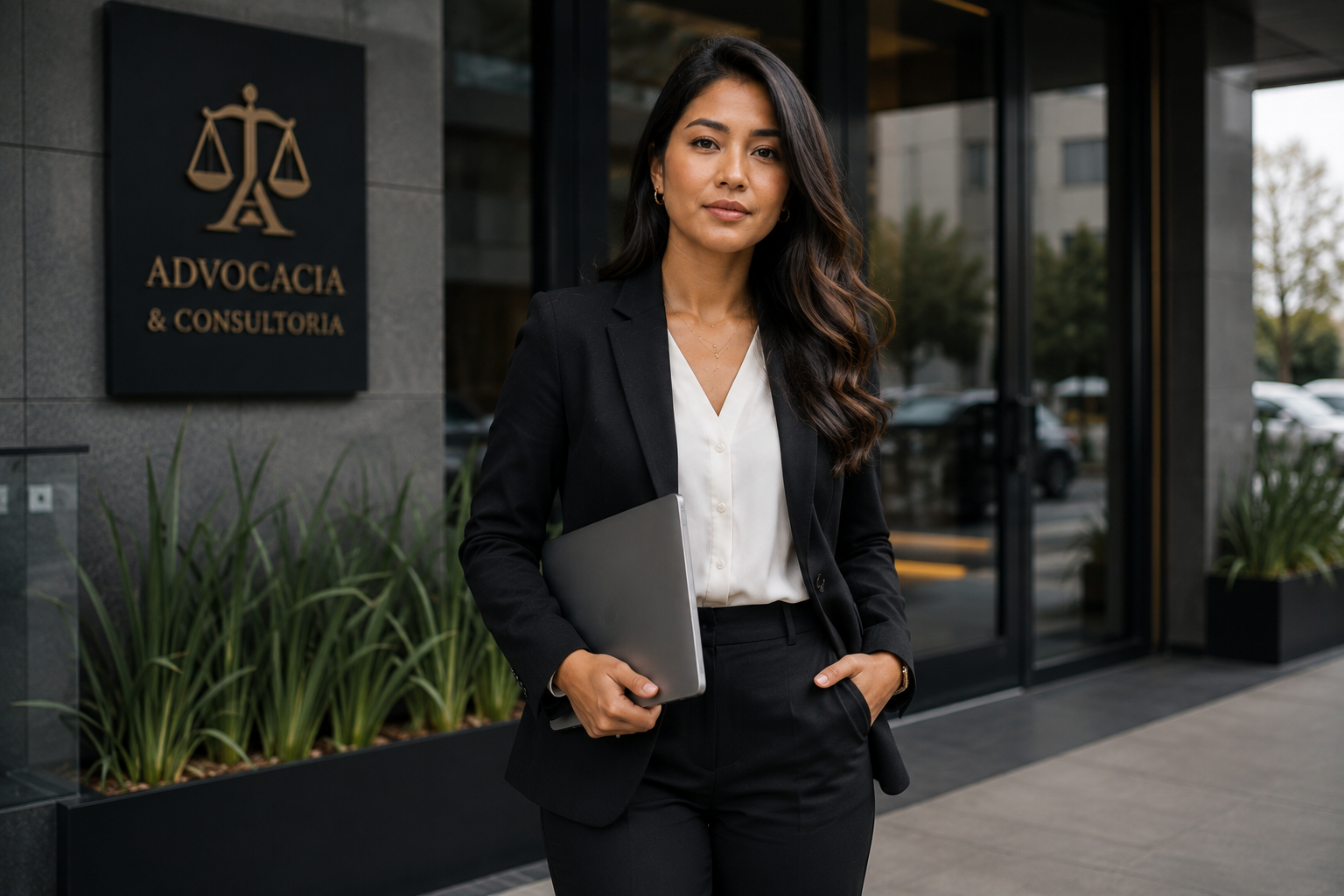 Tráfego pago para advogados: advogada brasileira em frente a um moderno escritório de advocacia, segurando um notebook e transmitindo credibilidade, profissionalismo e confiança.