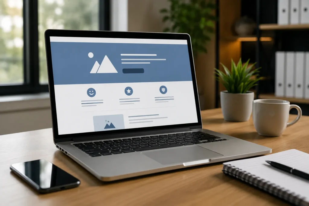 Tráfego pago para advogados: notebook exibindo uma landing page otimizada para conversão em um escritório moderno, representando estratégias de captação de clientes para advocacia.