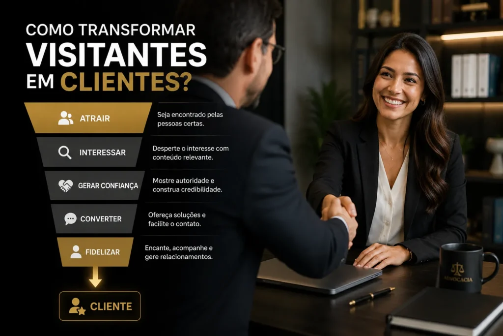 Tráfego pago para advogados representado por um funil de conversão e um aperto de mãos entre advogado e cliente, simbolizando a transformação de visitantes em clientes qualificados.