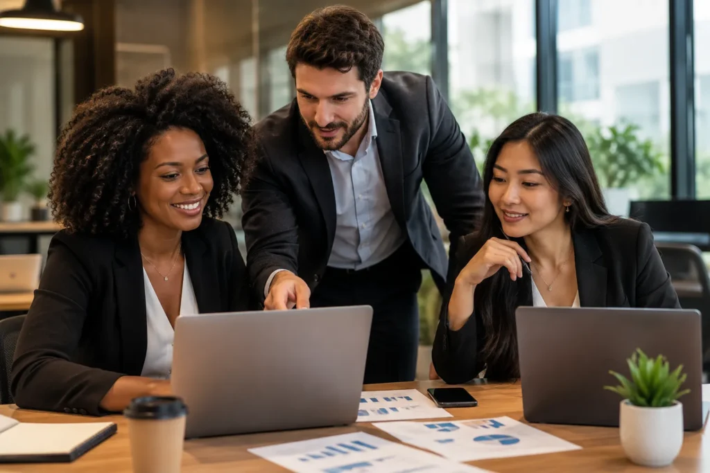 Equipe desenvolvendo uma estratégia integrada de SEO e tráfego pago para advogados.