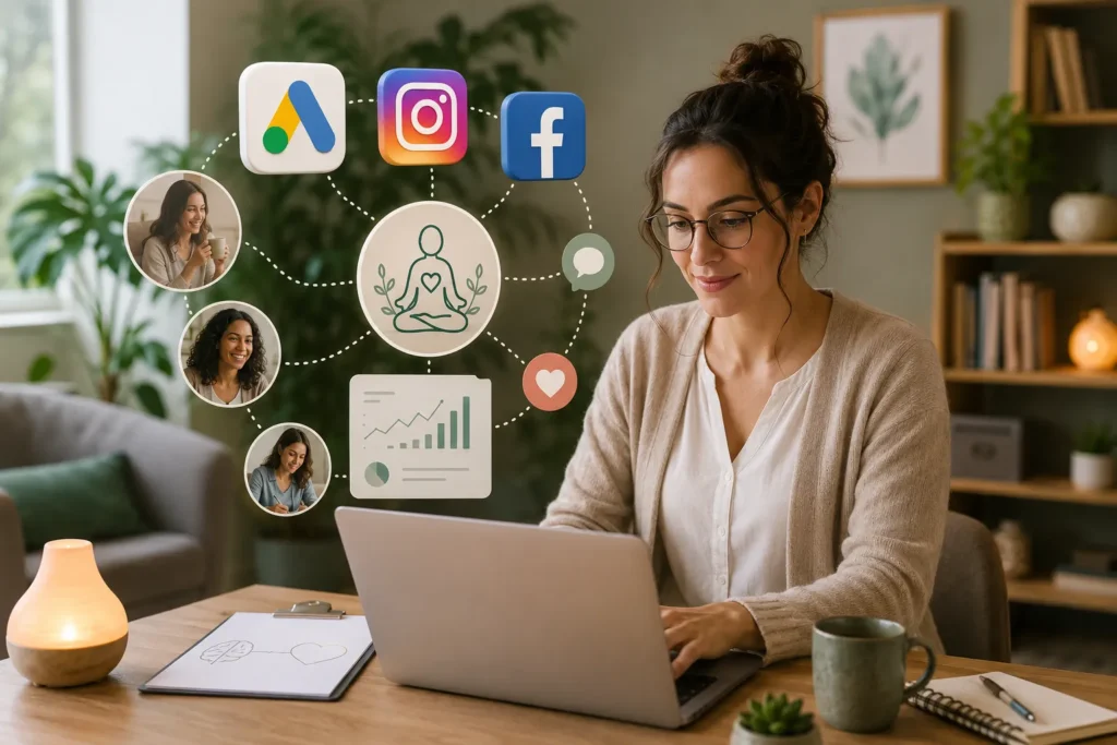 Terapeuta utilizando notebook em um consult&oacute;rio moderno enquanto gerencia campanhas de tr&aacute;fego pago para terapeutas com Google Ads, Instagram e Facebook para atrair novos pacientes.