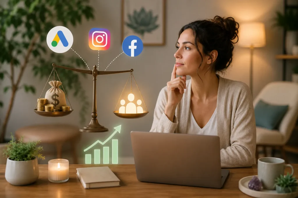 Terapeuta analisando estrat&eacute;gias de tr&aacute;fego pago para terapeutas em um notebook, com elementos que representam investimento, crescimento e capta&ccedil;&atilde;o de novos pacientes por meio de an&uacute;ncios online.