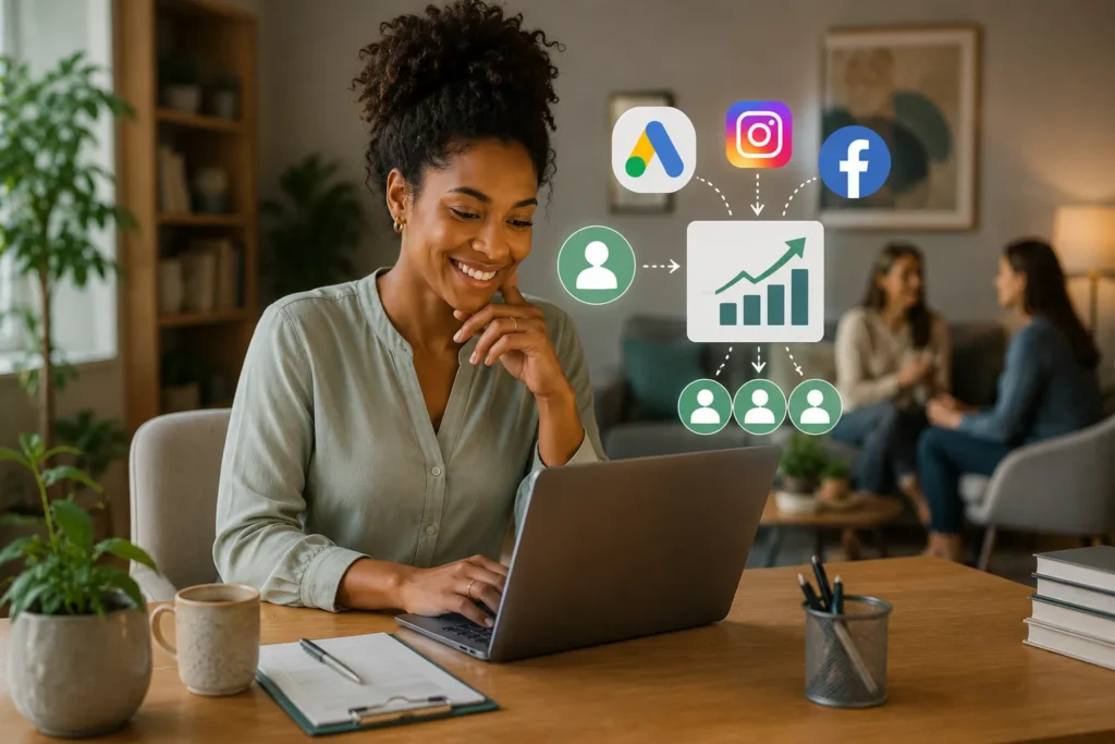 Terapeuta utilizando notebook para gerenciar campanhas de tr&aacute;fego pago para terapeutas, com elementos que representam an&uacute;ncios online, crescimento do consult&oacute;rio e capta&ccedil;&atilde;o de novos pacientes.