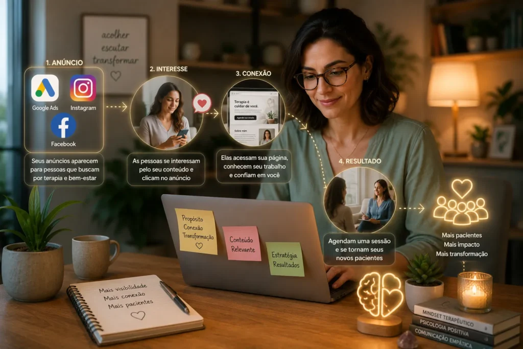 Terapeuta planejando uma campanha de tr&aacute;fego pago para terapeutas em um notebook, com ilustra&ccedil;&otilde;es que representam as etapas dos an&uacute;ncios online at&eacute; a conquista de novos pacientes.