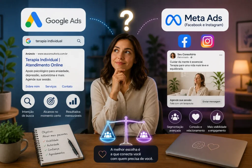 Terapeuta comparando estrat&eacute;gias de tr&aacute;fego pago para terapeutas entre Google Ads e Meta Ads em um ambiente moderno, analisando qual plataforma oferece melhores resultados para captar pacientes.
