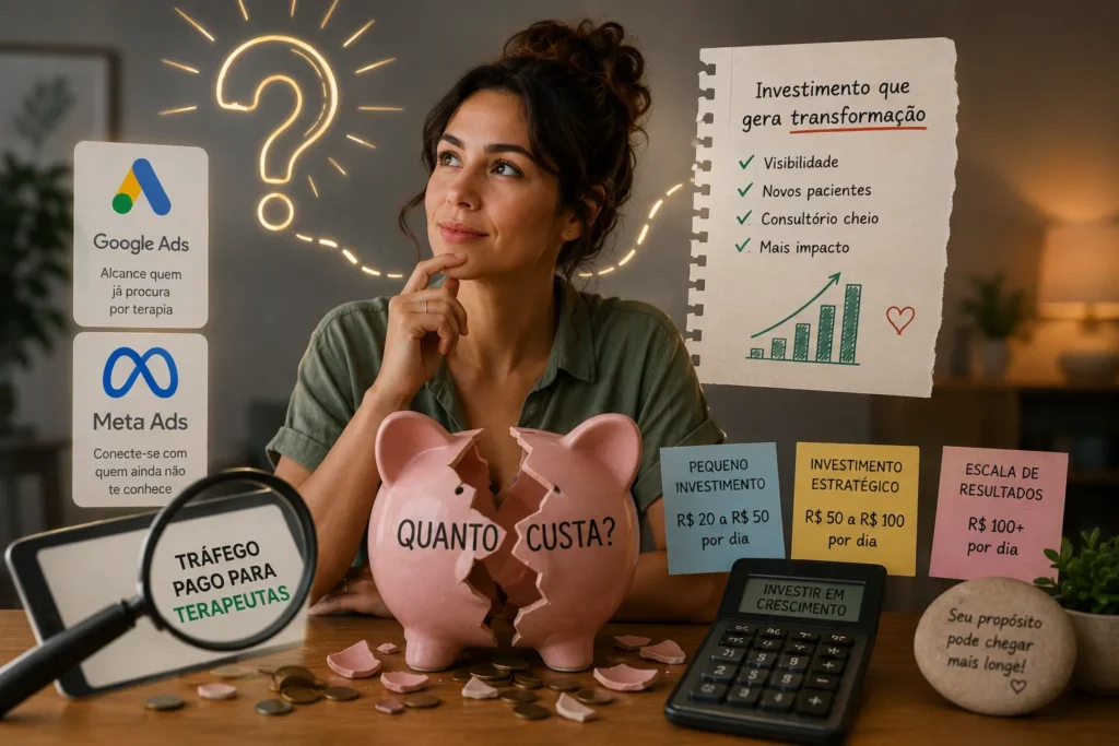Terapeuta analisando os custos de uma estrat&eacute;gia de tr&aacute;fego pago para terapeutas, com elementos que representam investimento, or&ccedil;amento, crescimento e retorno financeiro por meio de an&uacute;ncios digitais.