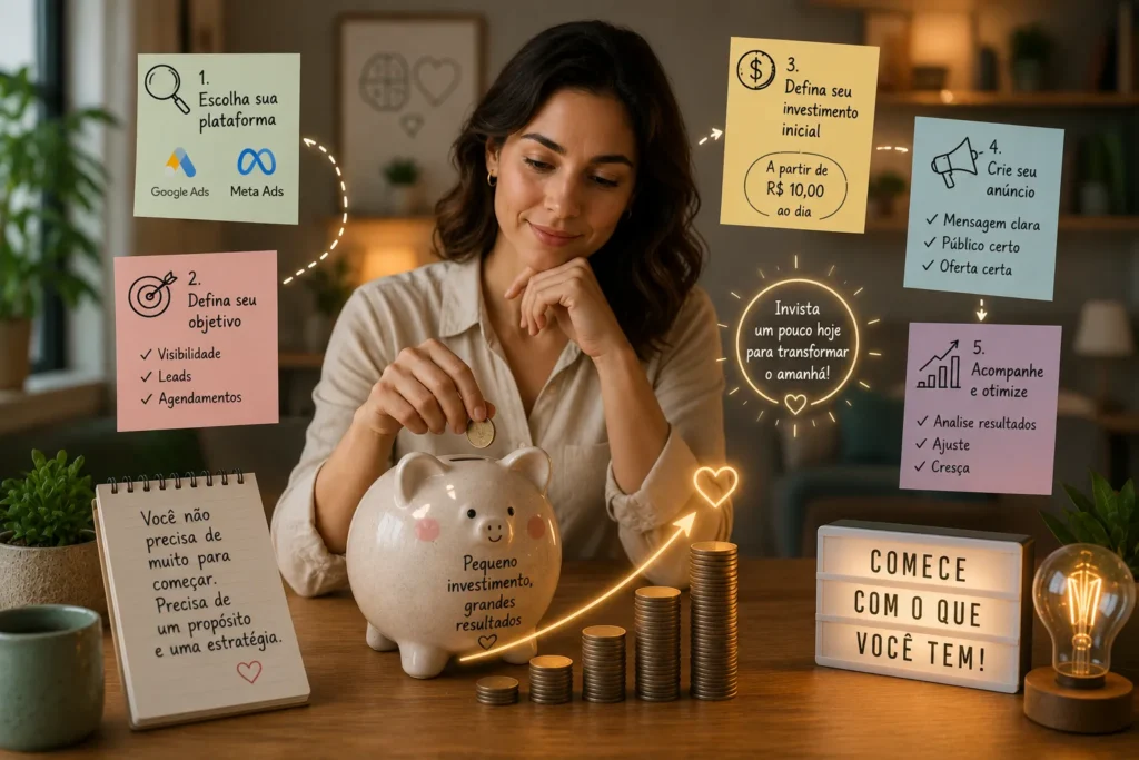 Terapeuta analisando o investimento inicial em tr&aacute;fego pago para terapeutas, com elementos que representam crescimento gradual, or&ccedil;amento acess&iacute;vel, an&uacute;ncios online e conquista de novos pacientes.