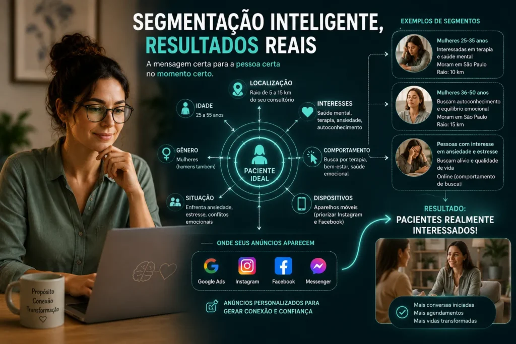 Ilustra&ccedil;&atilde;o de uma estrat&eacute;gia de tr&aacute;fego pago para terapeutas mostrando a segmenta&ccedil;&atilde;o de an&uacute;ncios por localiza&ccedil;&atilde;o, interesses, idade e comportamento para atrair pacientes qualificados.