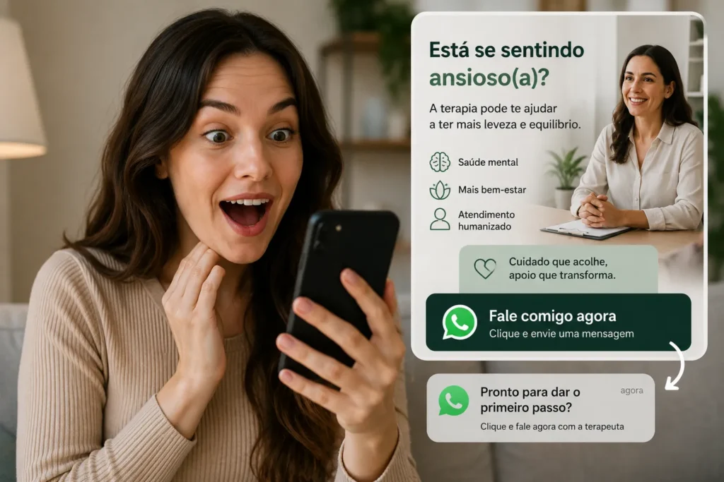 Pessoa surpresa e interessada ao visualizar um an&uacute;ncio de tr&aacute;fego pago para terapeutas no celular, pronta para entrar em contato com um profissional por mensagem.