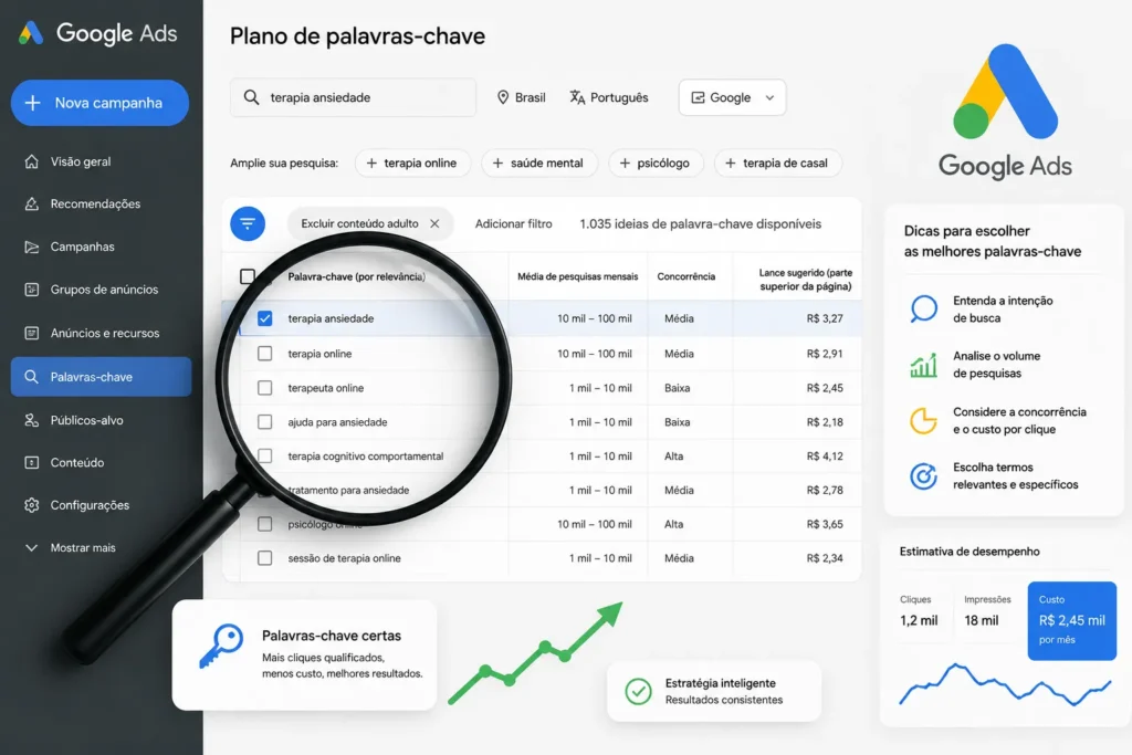 Interface do Google Ads exibindo pesquisa e sele&ccedil;&atilde;o de palavras-chave para uma estrat&eacute;gia de tr&aacute;fego pago para terapeutas, com an&aacute;lise de volume de busca, concorr&ecirc;ncia e custo por clique.