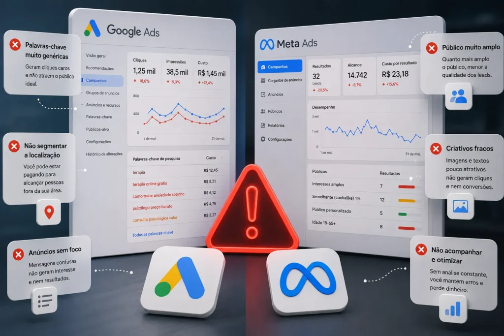 Pain&eacute;is do Google Ads e Meta Ads destacando erros frequentes em campanhas de tr&aacute;fego pago para terapeutas, como segmenta&ccedil;&atilde;o incorreta, palavras-chave inadequadas e falta de otimiza&ccedil;&atilde;o.