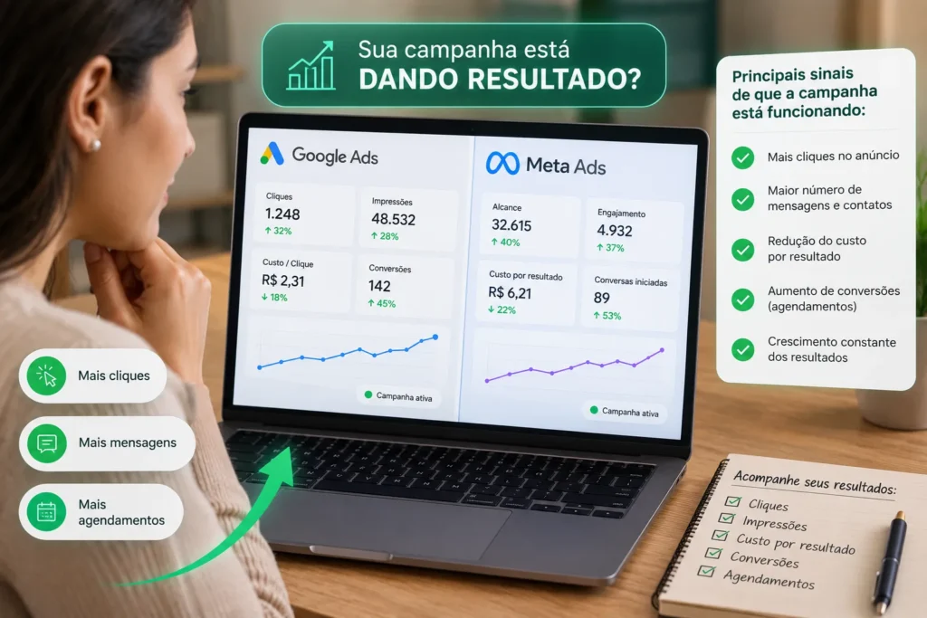 Painel de m&eacute;tricas do Google Ads e Meta Ads exibindo dados de uma campanha de tr&aacute;fego pago para terapeutas, com indicadores de cliques, convers&otilde;es, custo por resultado e crescimento dos an&uacute;ncios.