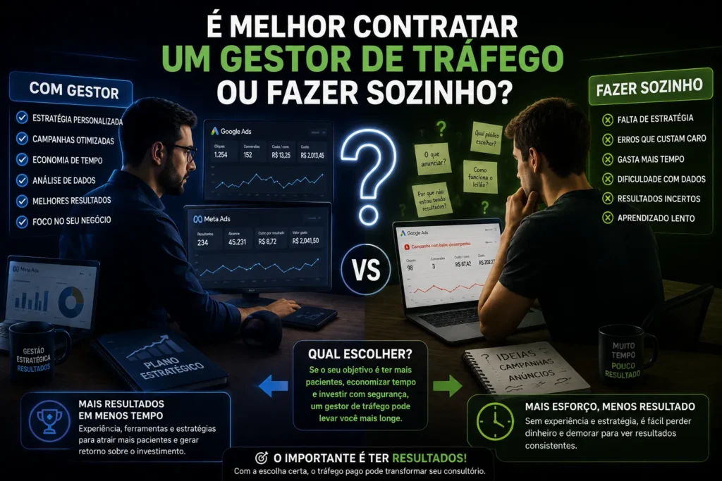 Compara&ccedil;&atilde;o entre um gestor de tr&aacute;fego profissional e uma pessoa gerenciando campanhas por conta pr&oacute;pria em uma estrat&eacute;gia de tr&aacute;fego pago para terapeutas, mostrando diferen&ccedil;as nos resultados e na otimiza&ccedil;&atilde;o dos an&uacute;ncios.