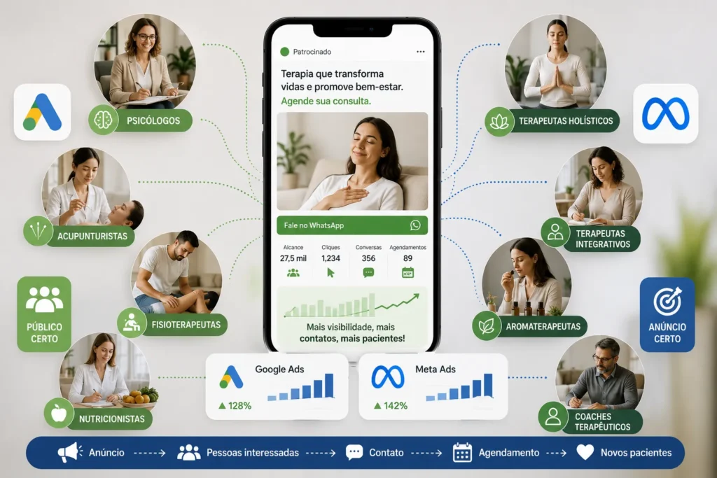 Ilustra&ccedil;&atilde;o mostrando diferentes especialidades atendidas por campanhas de tr&aacute;fego pago para terapeutas, como psic&oacute;logos, fisioterapeutas, acupunturistas, terapeutas hol&iacute;sticos, coaches terap&ecirc;uticos e aromaterapeutas.