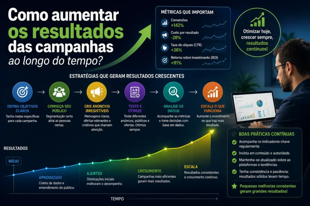 Painel de otimiza&ccedil;&atilde;o de campanhas de tr&aacute;fego pago para terapeutas mostrando gr&aacute;ficos de crescimento, m&eacute;tricas de desempenho e estrat&eacute;gias para aumentar os resultados ao longo do tempo.
