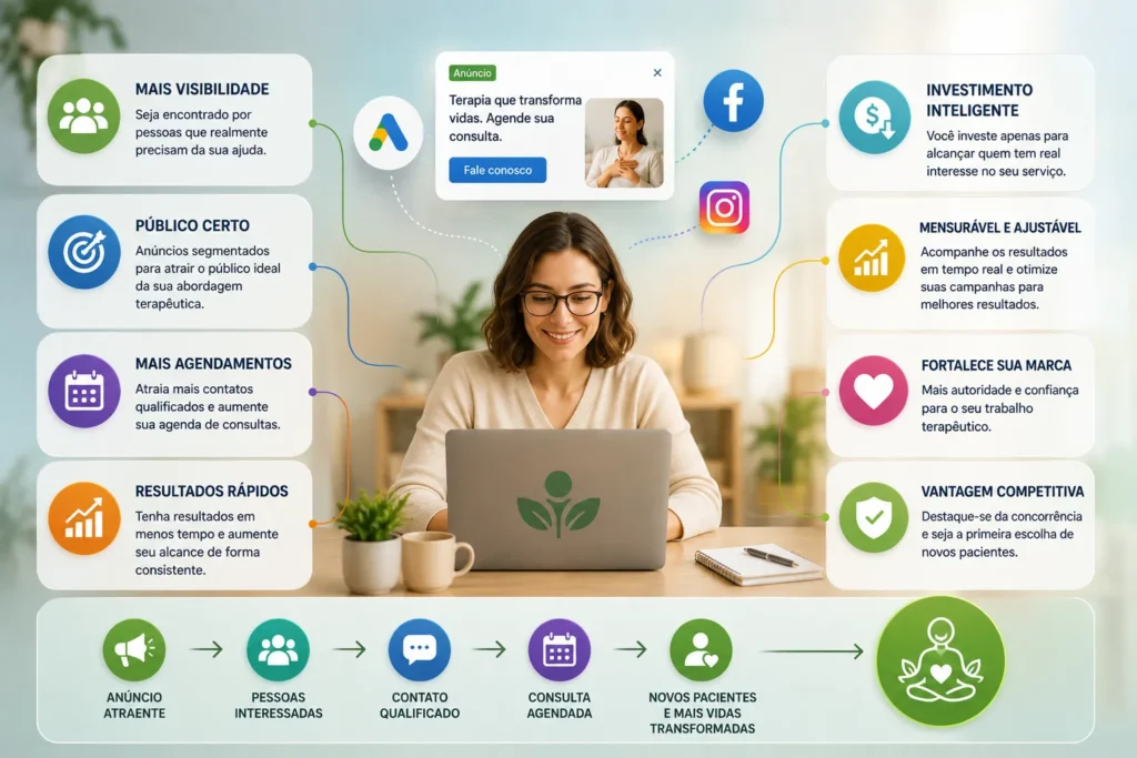 Ilustração mostrando os principais benefícios do tráfego pago para terapeutas, incluindo maior visibilidade, atração de pacientes qualificados, aumento de agendamentos e crescimento do consultório.