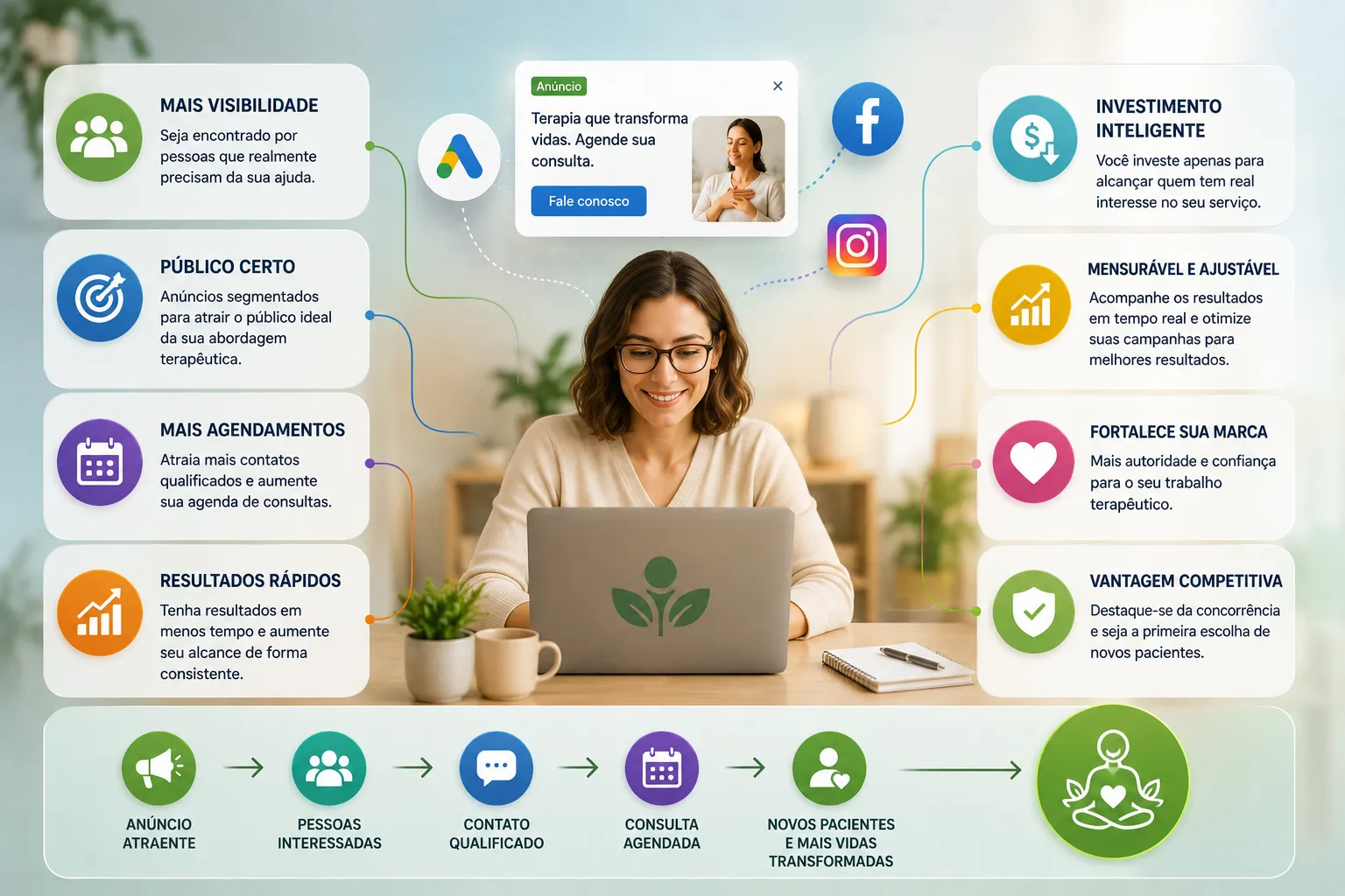 Ilustração mostrando os principais benefícios do tráfego pago para terapeutas, incluindo maior visibilidade, atração de pacientes qualificados, aumento de agendamentos e crescimento do consultório.