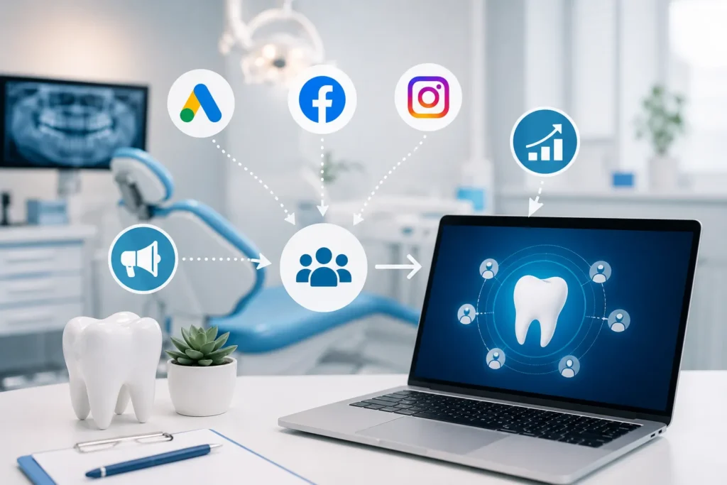 Tr&aacute;fego pago para cl&iacute;nicas odontol&oacute;gicas com dentista atendendo paciente e estrat&eacute;gias de an&uacute;ncios digitais.