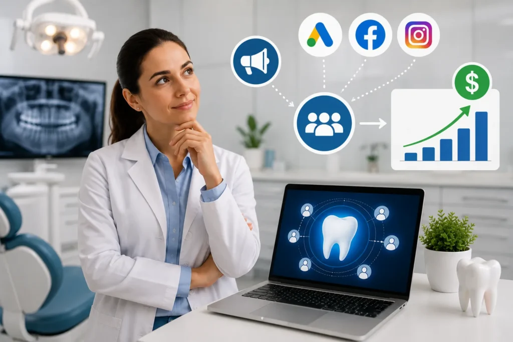 Tr&aacute;fego pago para cl&iacute;nicas odontol&oacute;gicas com dentista analisando estrat&eacute;gias de an&uacute;ncios online para atrair mais pacientes.