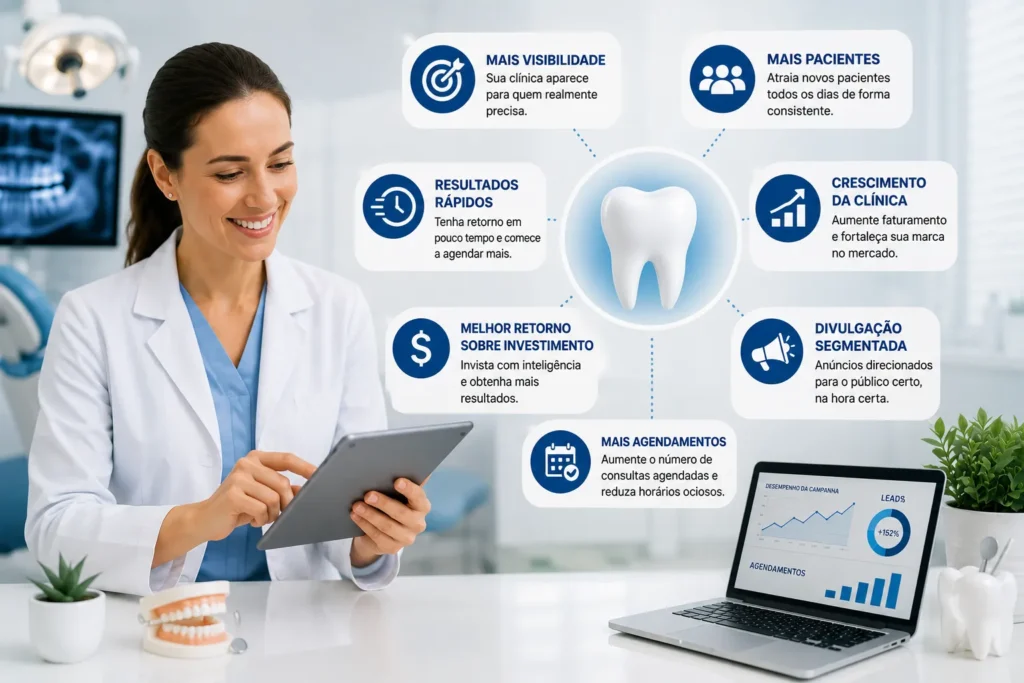 Tr&aacute;fego pago para cl&iacute;nicas odontol&oacute;gicas com dentista analisando estrat&eacute;gias para aumentar a visibilidade, atrair pacientes e gerar mais agendamentos.