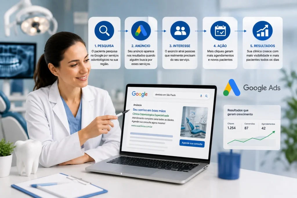 Tr&aacute;fego pago para cl&iacute;nicas odontol&oacute;gicas com Google Ads, mostrando an&uacute;ncios para atrair pacientes e aumentar os agendamentos.