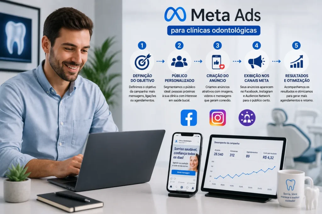 Tr&aacute;fego pago para cl&iacute;nicas odontol&oacute;gicas com Meta Ads, mostrando campanhas no Facebook e Instagram para alcan&ccedil;ar pacientes e gerar agendamentos.