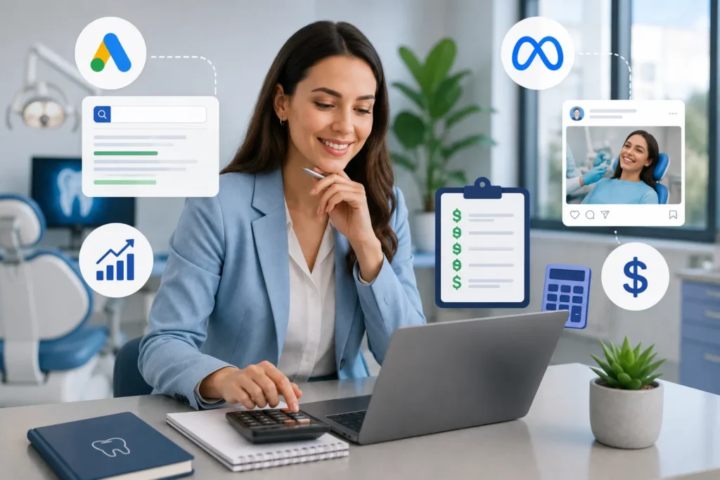 Tr&aacute;fego pago para cl&iacute;nicas odontol&oacute;gicas com profissional analisando or&ccedil;amento, campanhas no Google Ads e Meta Ads e crescimento dos resultados.