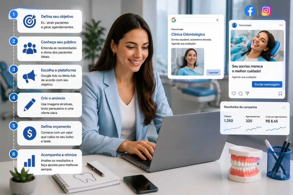 Tr&aacute;fego pago para cl&iacute;nicas odontol&oacute;gicas com planejamento da primeira campanha, defini&ccedil;&atilde;o de p&uacute;blico, or&ccedil;amento, an&uacute;ncios e an&aacute;lise de resultados.
