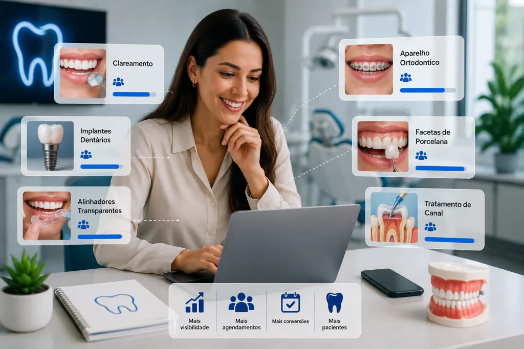 Tr&aacute;fego pago para cl&iacute;nicas odontol&oacute;gicas com tratamentos como implantes, clareamento, aparelho ortod&ocirc;ntico, alinhadores e facetas para atrair pacientes.