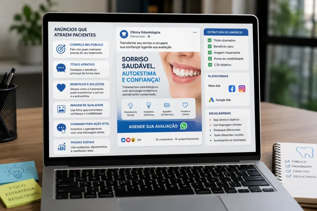 Tr&aacute;fego pago para cl&iacute;nicas odontol&oacute;gicas com computador exibindo an&uacute;ncio estrat&eacute;gico criado para atrair pacientes e gerar agendamentos.