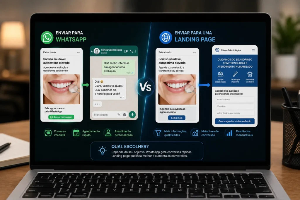 Tr&aacute;fego pago para cl&iacute;nicas odontol&oacute;gicas com compara&ccedil;&atilde;o entre WhatsApp e landing page para receber contatos, qualificar pacientes e gerar agendamentos.