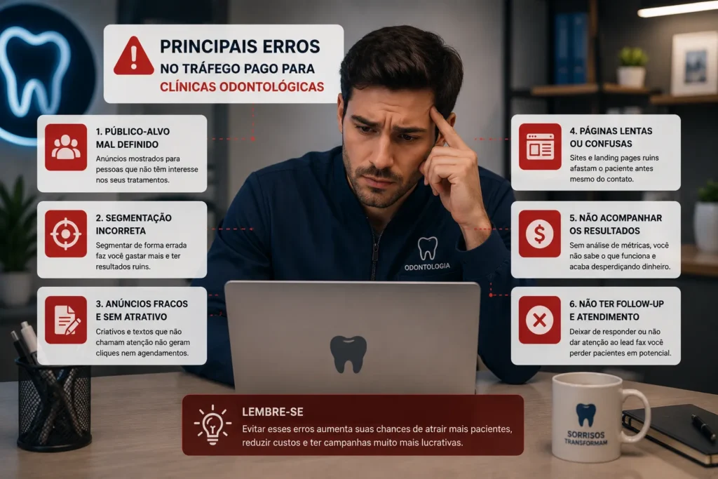 Tr&aacute;fego pago para cl&iacute;nicas odontol&oacute;gicas com profissional analisando erros em campanhas que podem aumentar custos e reduzir a gera&ccedil;&atilde;o de pacientes.