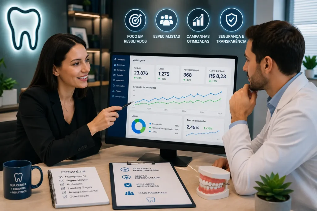 Tr&aacute;fego pago para cl&iacute;nicas odontol&oacute;gicas com especialista e dentista analisando campanhas, m&eacute;tricas e estrat&eacute;gias para aumentar leads e agendamentos.