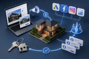 Tráfego pago para imobiliárias com anúncios online, segmentação de público e geração de leads para venda de imóveis.
