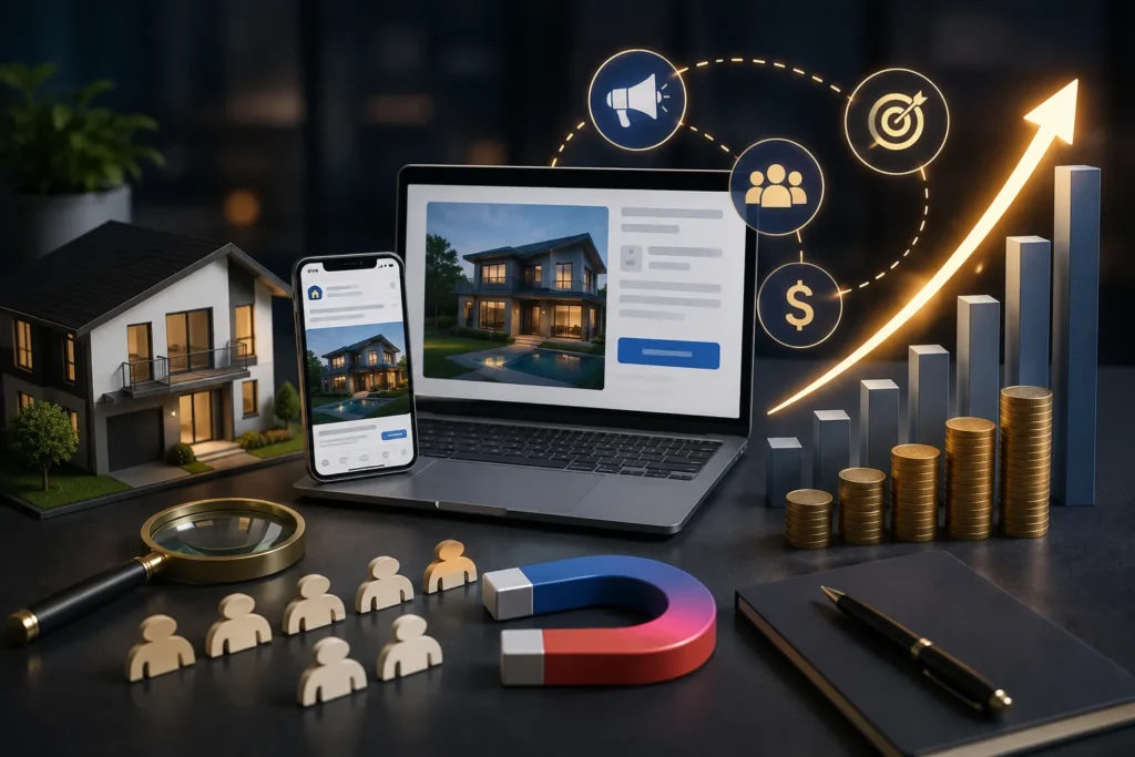 Tráfego pago para imobiliárias representado por anúncios de imóveis, atração de clientes, geração de leads e crescimento das vendas.