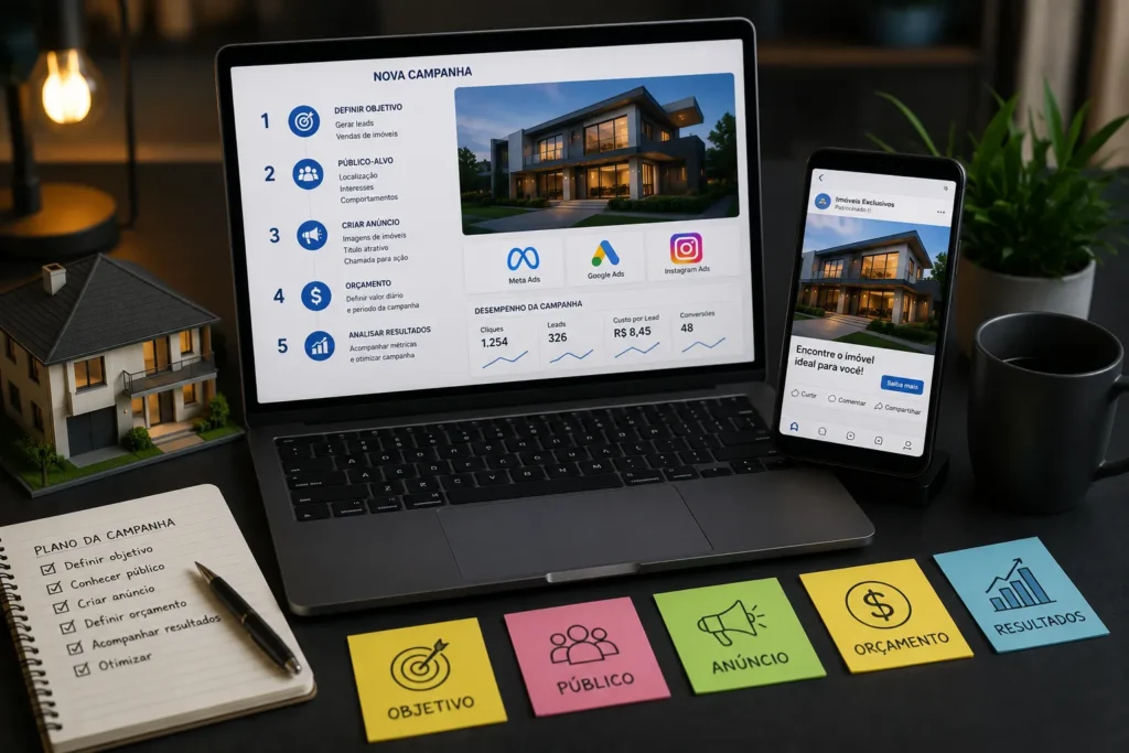 Tráfego pago para imobiliárias com planejamento de campanha, definição de público, criação de anúncios, orçamento e análise de resultados.