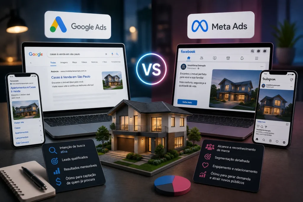 Tráfego pago para imobiliárias com comparação entre Google Ads e Meta Ads para anunciar imóveis, alcançar clientes e gerar leads qualificados.